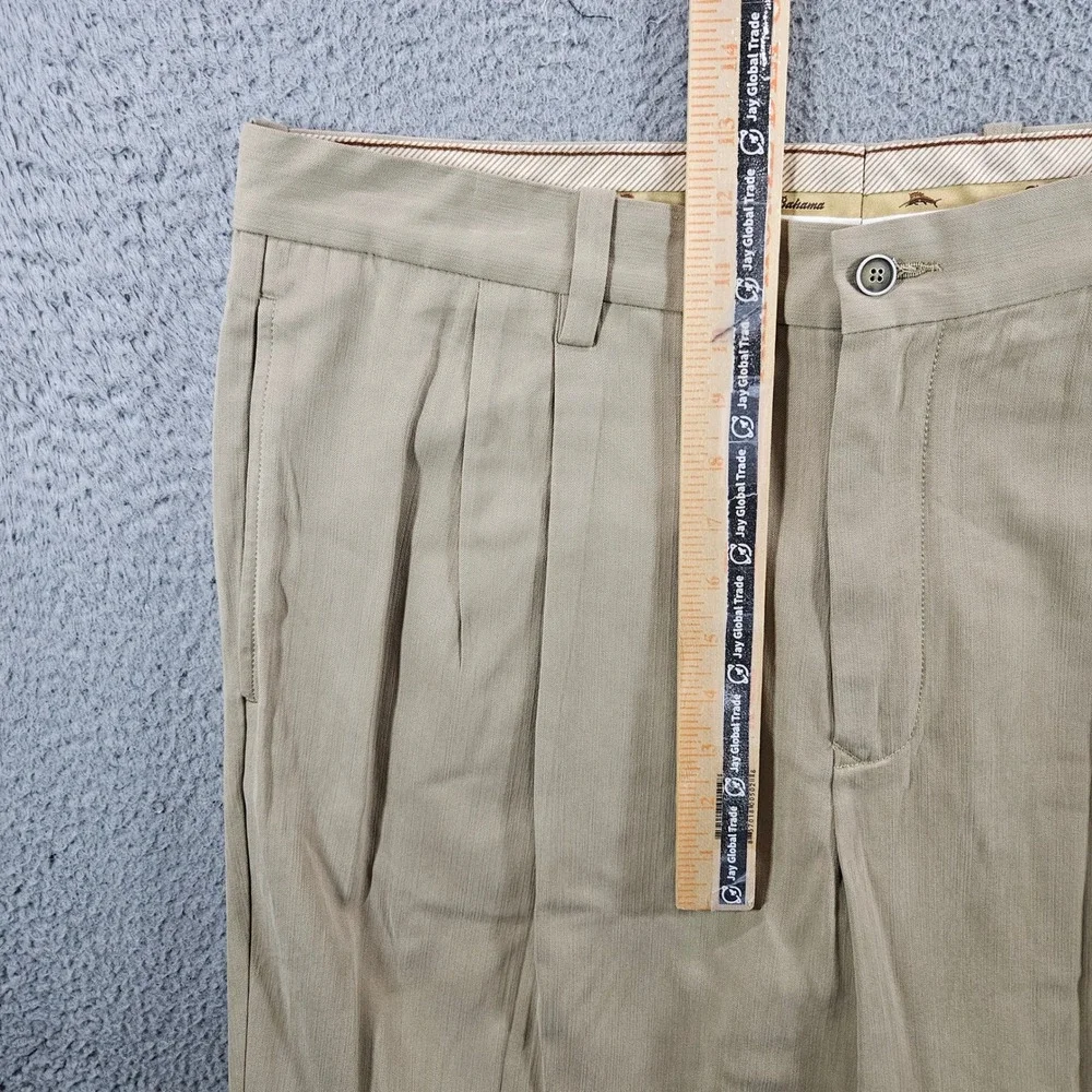 Tommy Bahama Mens 36x30 Silk Bamboo Pleated Pants Khaki Tan Herringbone Dress